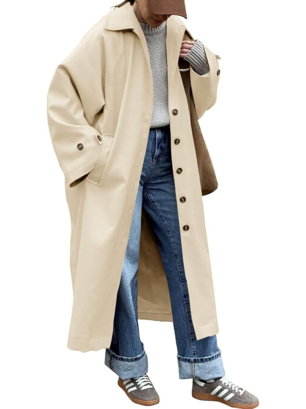 Women's Beige Oversized Windproof Single-Breasted Lapel Fall Duster Trench Coat